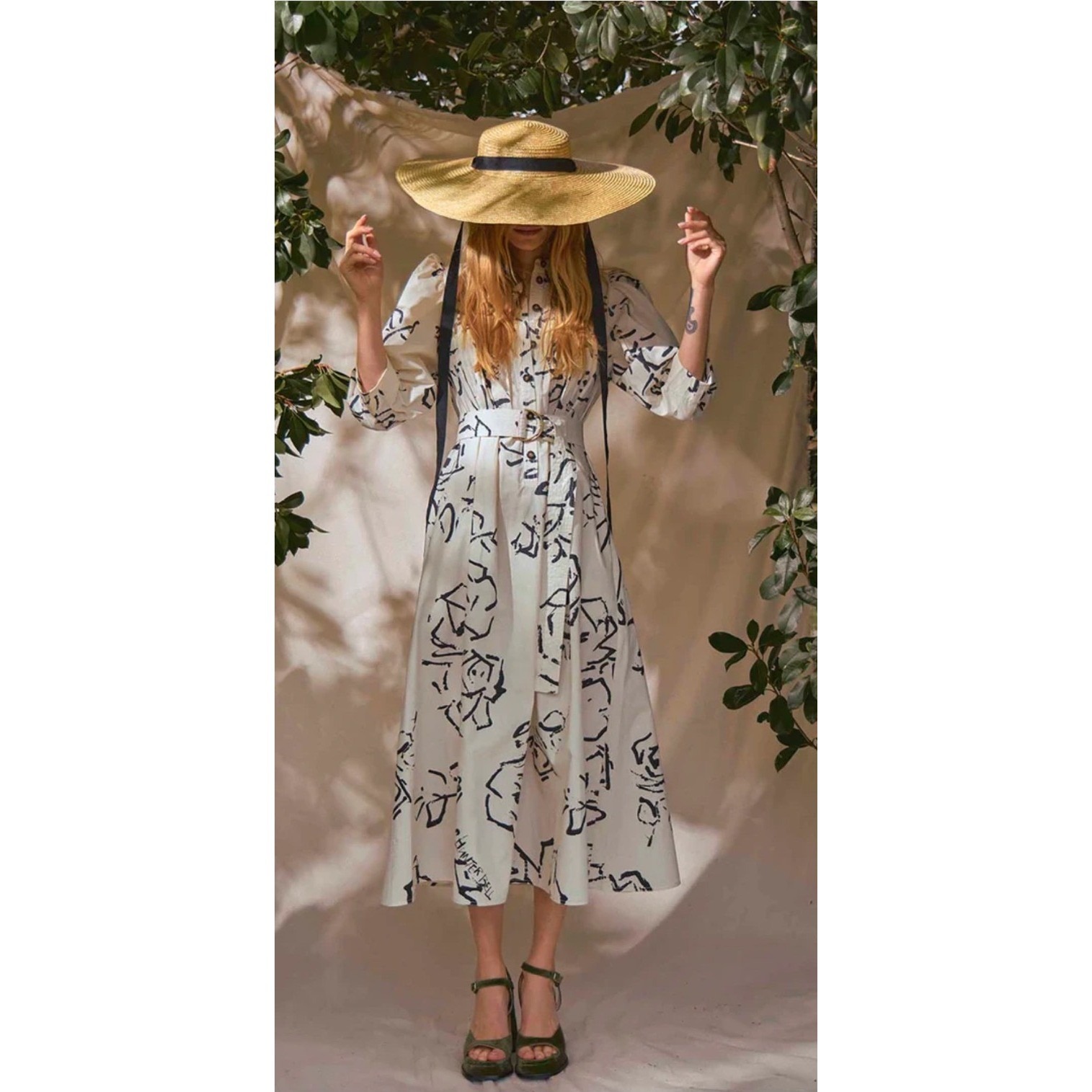 Hunter Bell Lyle Dress Cream Black Abstract Floral Midi Belted Puff Sleeve